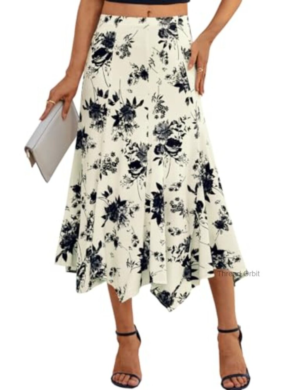 Flowy High Low Midi Skirt with Elastic High Waist and Hanky Hem